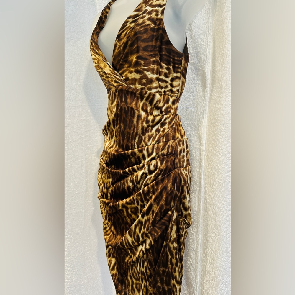 Gorgeous Vintage Cache V-Neck Dress 10 Leopard Animal Ruched Side - Picture 10 of 13